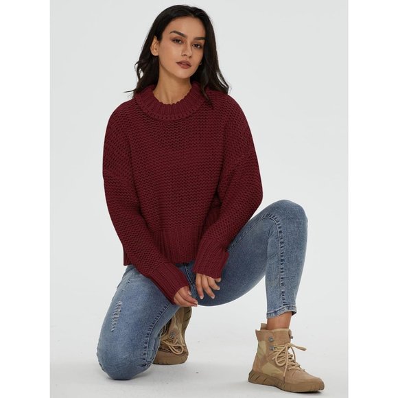 Women's Crewneck Chunky Knit Batwing Long Sleeve Loose Pullover Sweaters Tops - Picture 6 of 6